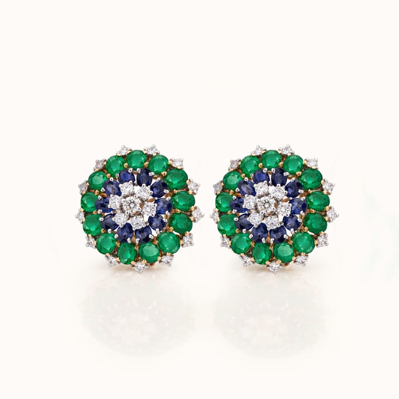 Emerald Sapphire Floral Stud Earrings