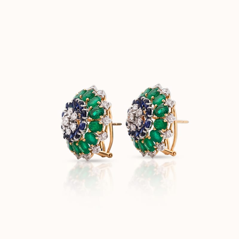 Emerald Sapphire Floral Stud Earrings