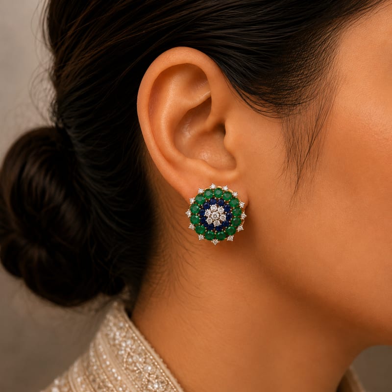 Emerald Sapphire Floral Stud Earrings