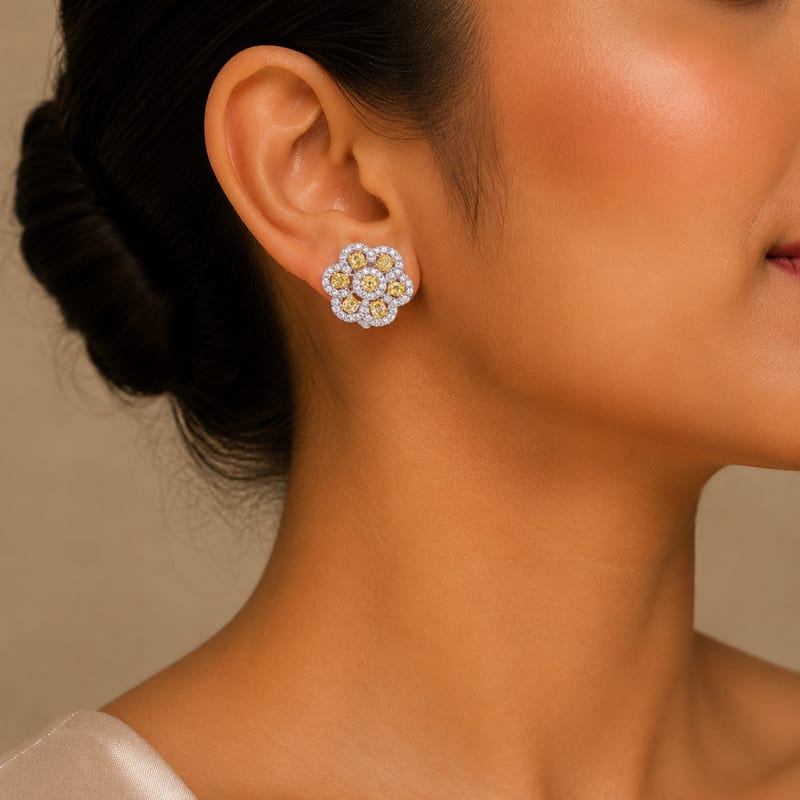 Yellow Diamond Floral Stud Earrings