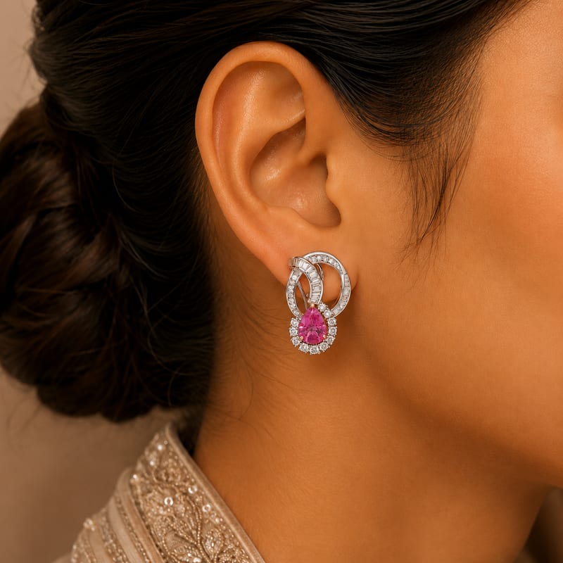 Pink Sapphire Halo Drop Earrings