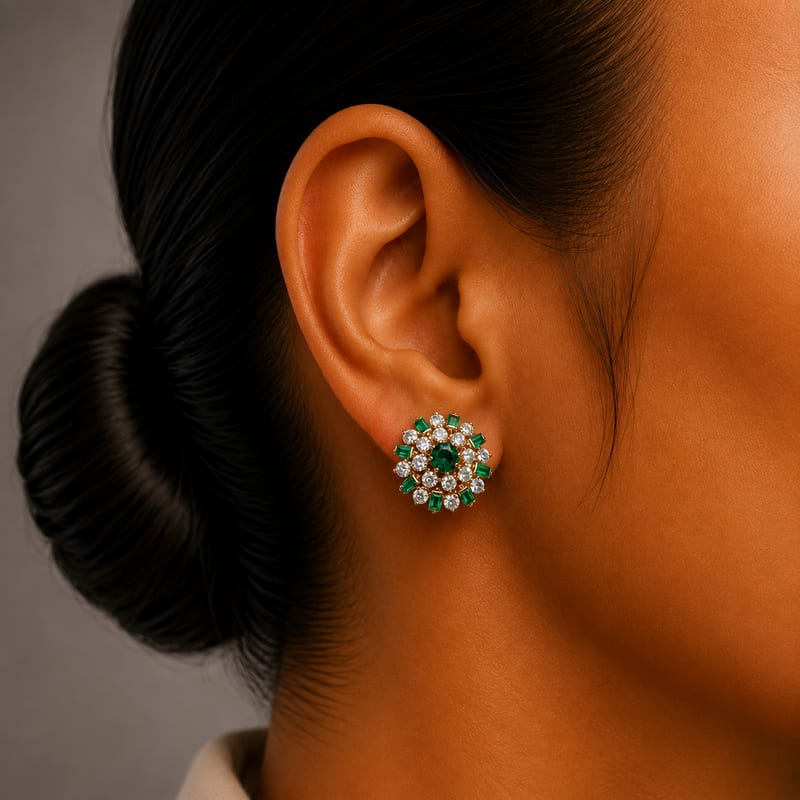 Emerald Diamond Cluster Earrings